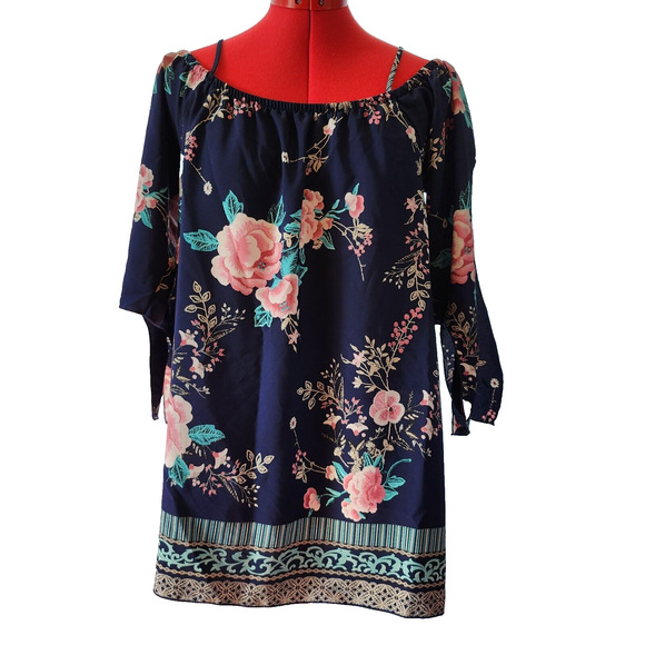 Lilypad Tops - LILYPAD Blue Floral‎ Off the Shoulder Long Tunic Blouse Split Sleeve Size L